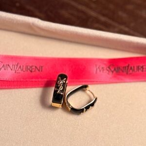 Saint Laurent YSL Black Enamel Gold Logo Huggie cuff Earrings – New
